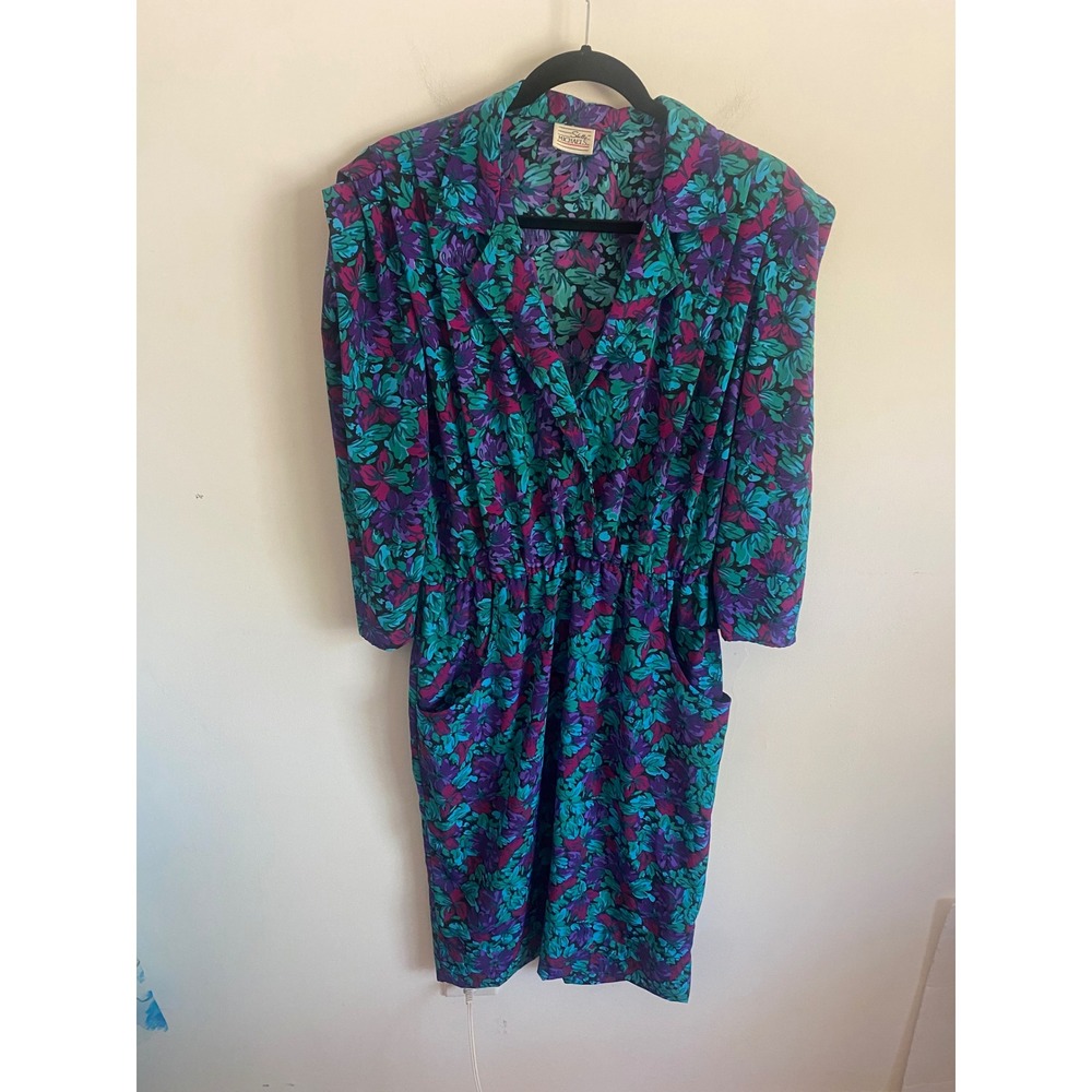 Shelly Michaels Vintage Floral Midi Dress Teal Purple Magenta Pockets 80s 90s